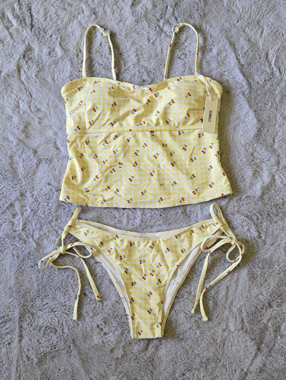 Yellow Gingham With Cherries Tankini Top and Tie-Side Bikini Bottoms